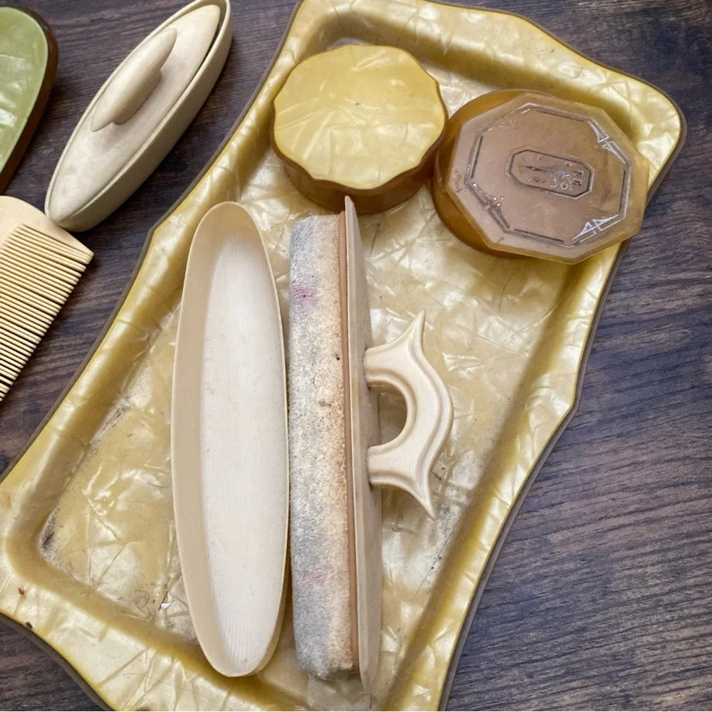 vintage 1940s Art Deco pearlized gold celluloid and Bakelite vanity/dresser set